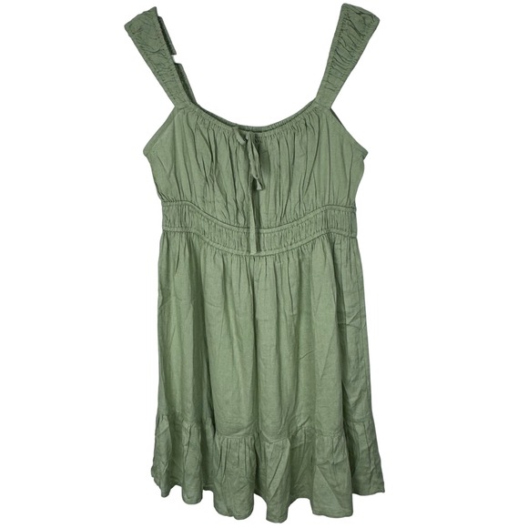 Luna Skies Green Smocked Waist Tie Neck Mini Dress Women Sz M Rayon Linen Blend - Picture 2 of 12